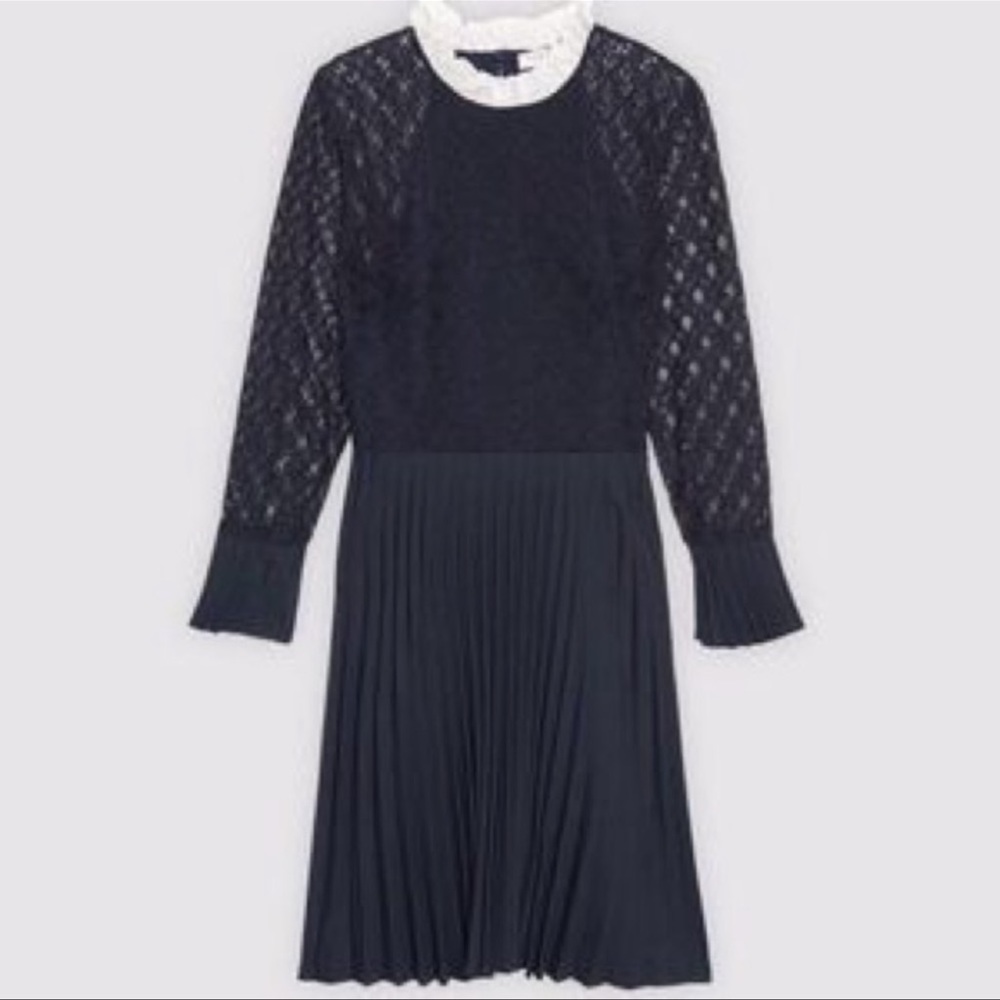 NWOT Sandro Battements Navy Lace Pleated Silk Ruffle White Collar Dress Preppy